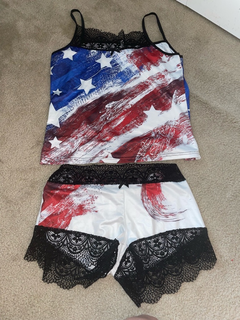 Patriotic Lace Trim Cami & Shorts Set - Red White Blue